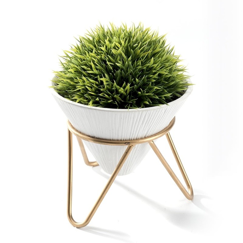 Faux Green Grass Plant in Ceramic Pot W/ Brass Metal Rack Home Office Decor New