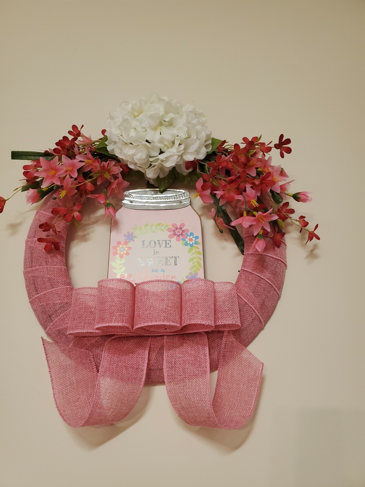 Wreath “LOVE is SWEET in a garden” Pink burlap mesh Pink flowers Decor Door 16″