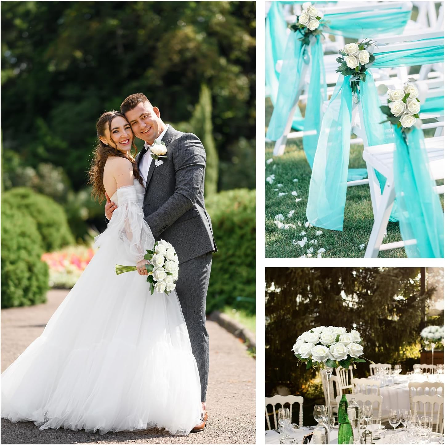 100 PCS Artificial White Roses Bulk Velvet Silk Fake Flowers Wedding Centerpiece