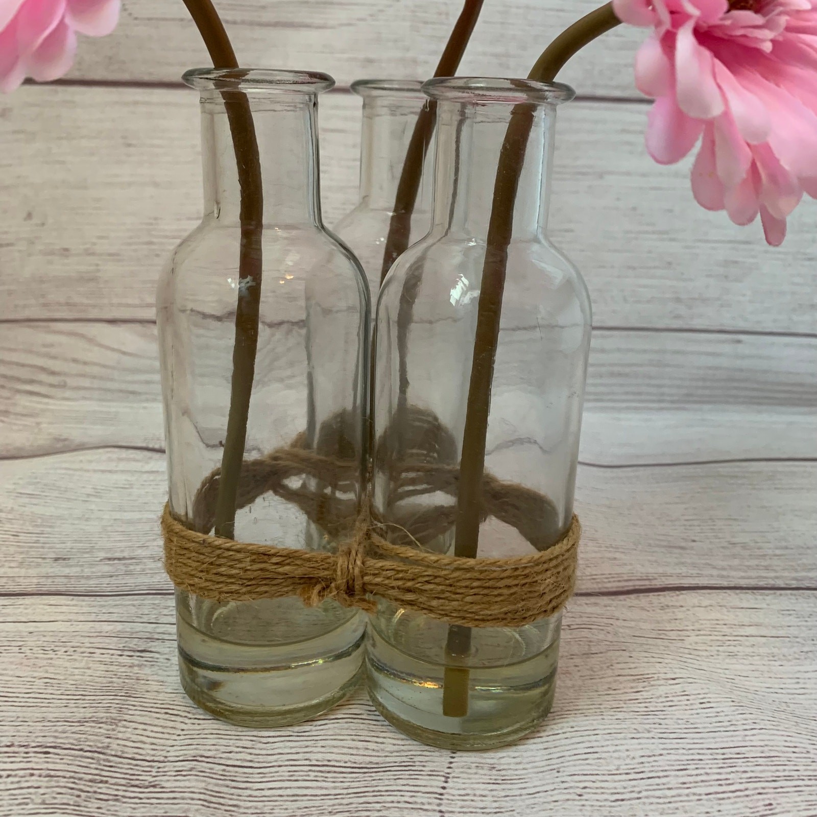 Artificial Pink Gerbera Daisies in Bottles and Twine String Faux Glued Water 9″H