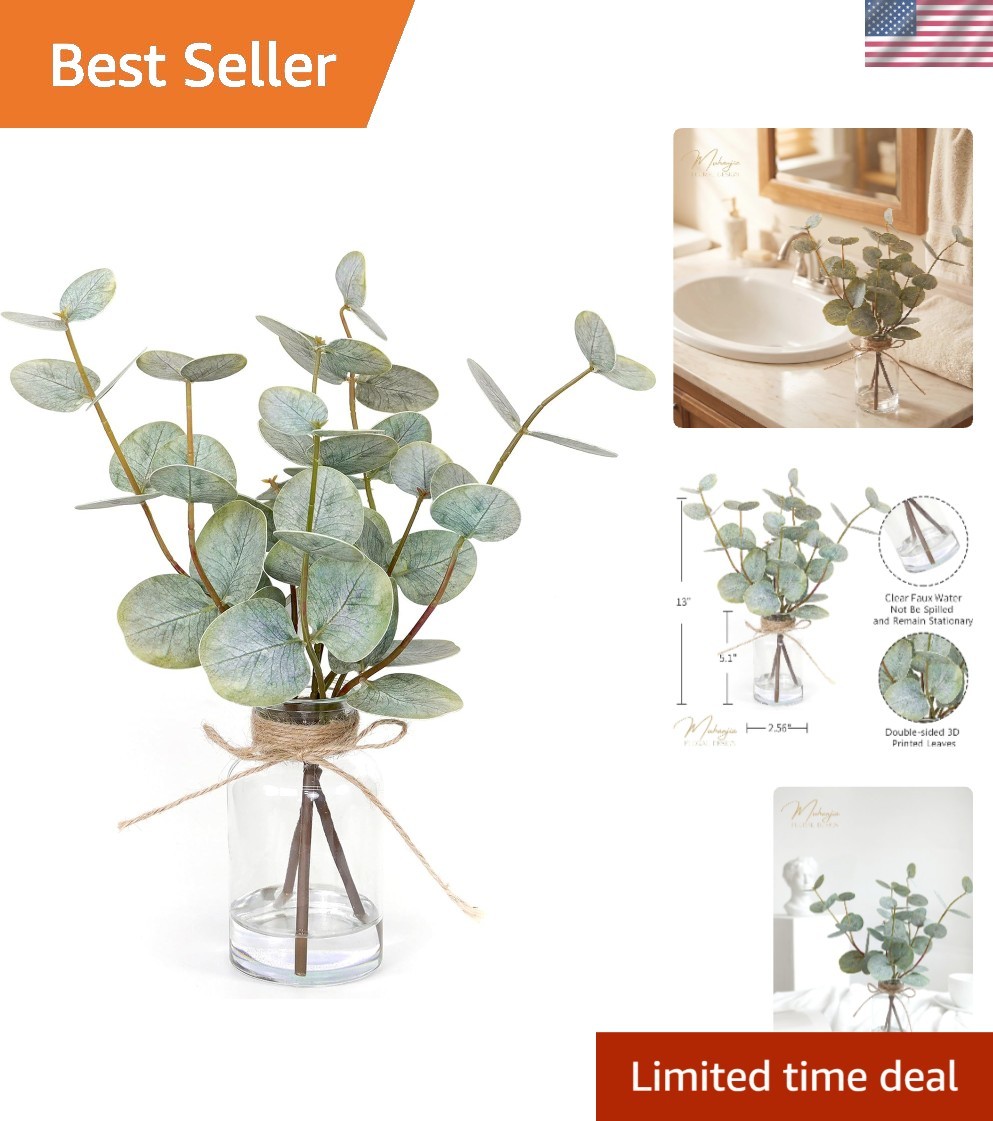 Realistic Faux Eucalyptus Plant in Glass Vase with Faux Water – Ideal Gift