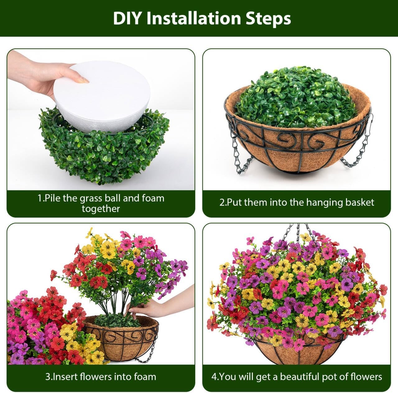 Artificial Hanging Flowers in Basket for Patio Garden Porch Deck Decor Outdoors