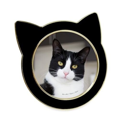Round Enamel Cat Picture Frame w/Ears – Tabletop, Home & 4×4 Black with Gold