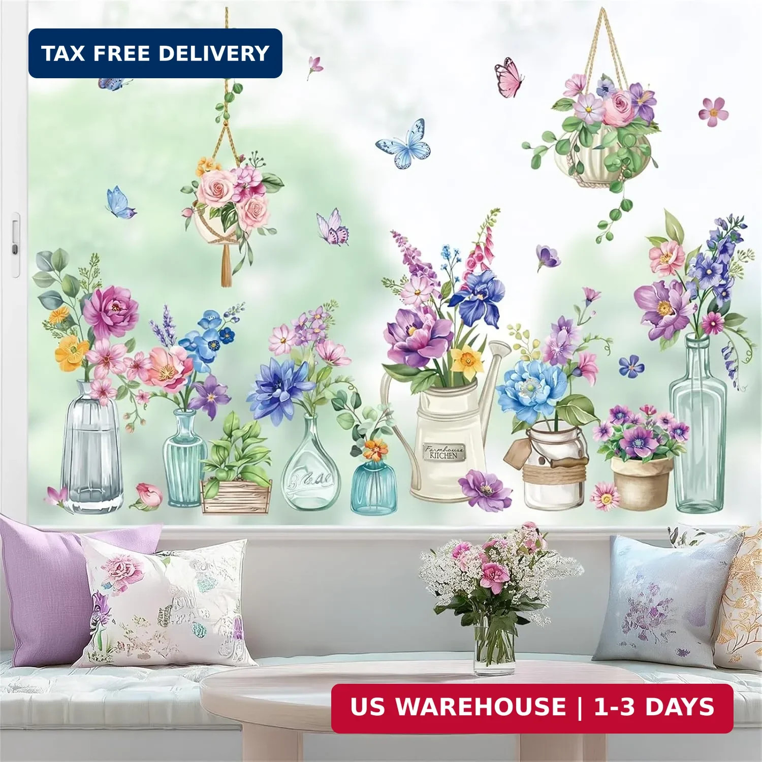 wondever Spring Summer Potted Flowers Window Clings Floral Vase Butterflies Glas