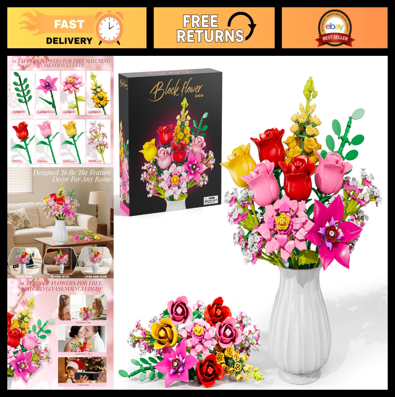 Pink Roses Building Set – 765 PCS Botanical Block Toy for Home Decor & Gifts