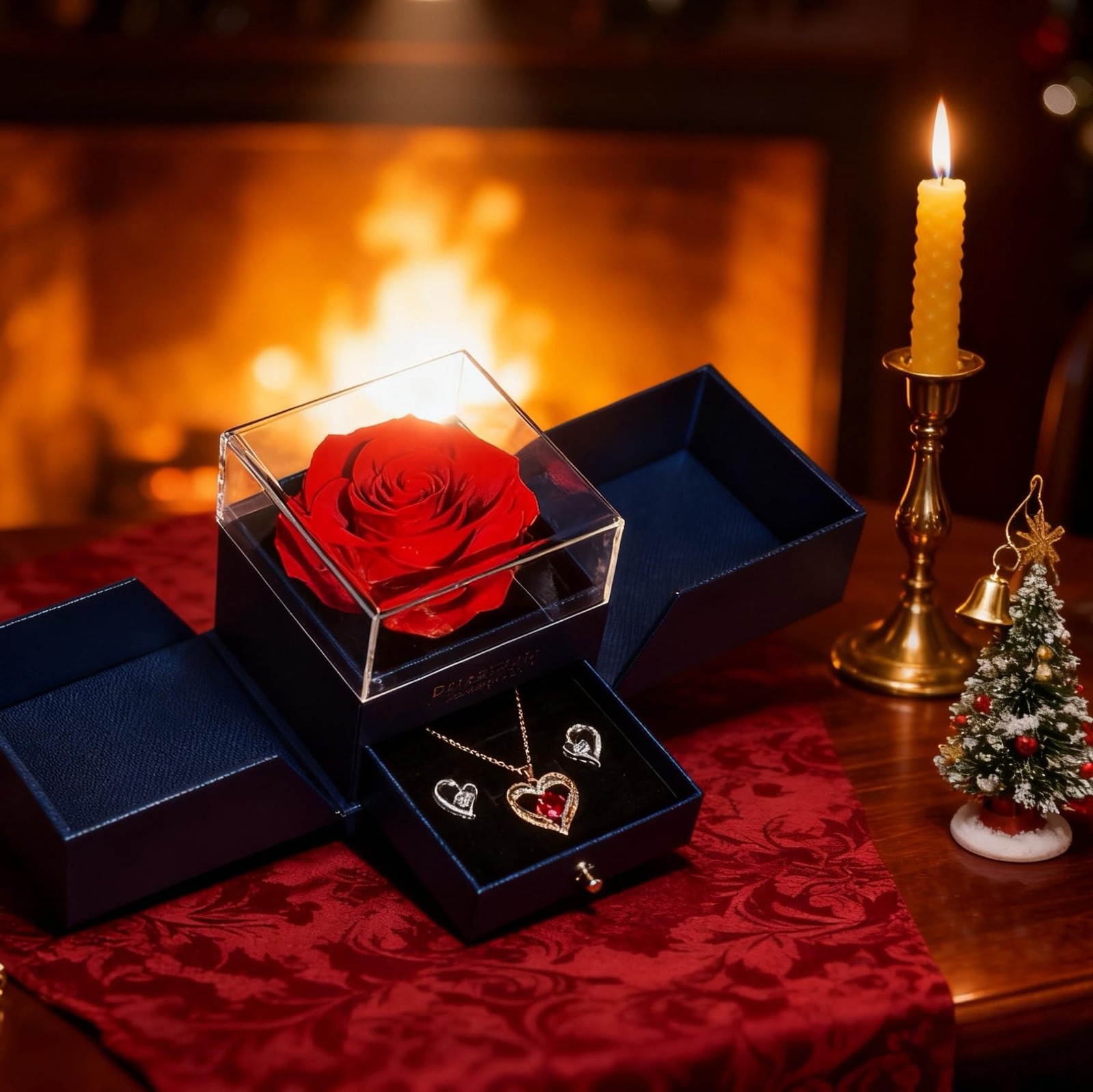 Preserved Red Real Rose with Necklace&Earrings-Eternal Forever Flowers Rose,B…