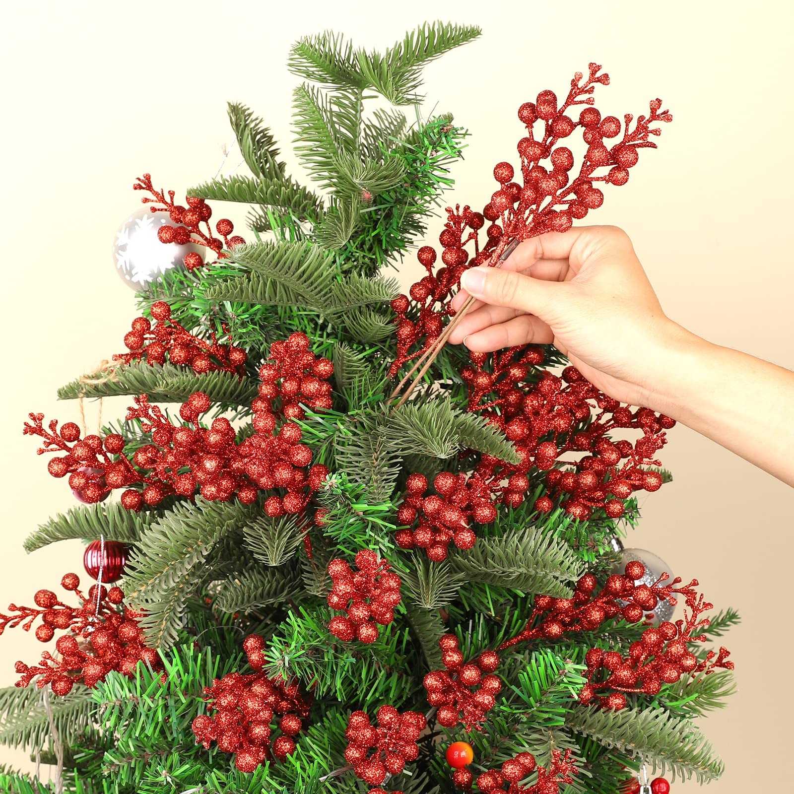 36Pcs Christmas Glitter Berries Stems, 9.5 Inch Artificial Christmas Tree Pic…