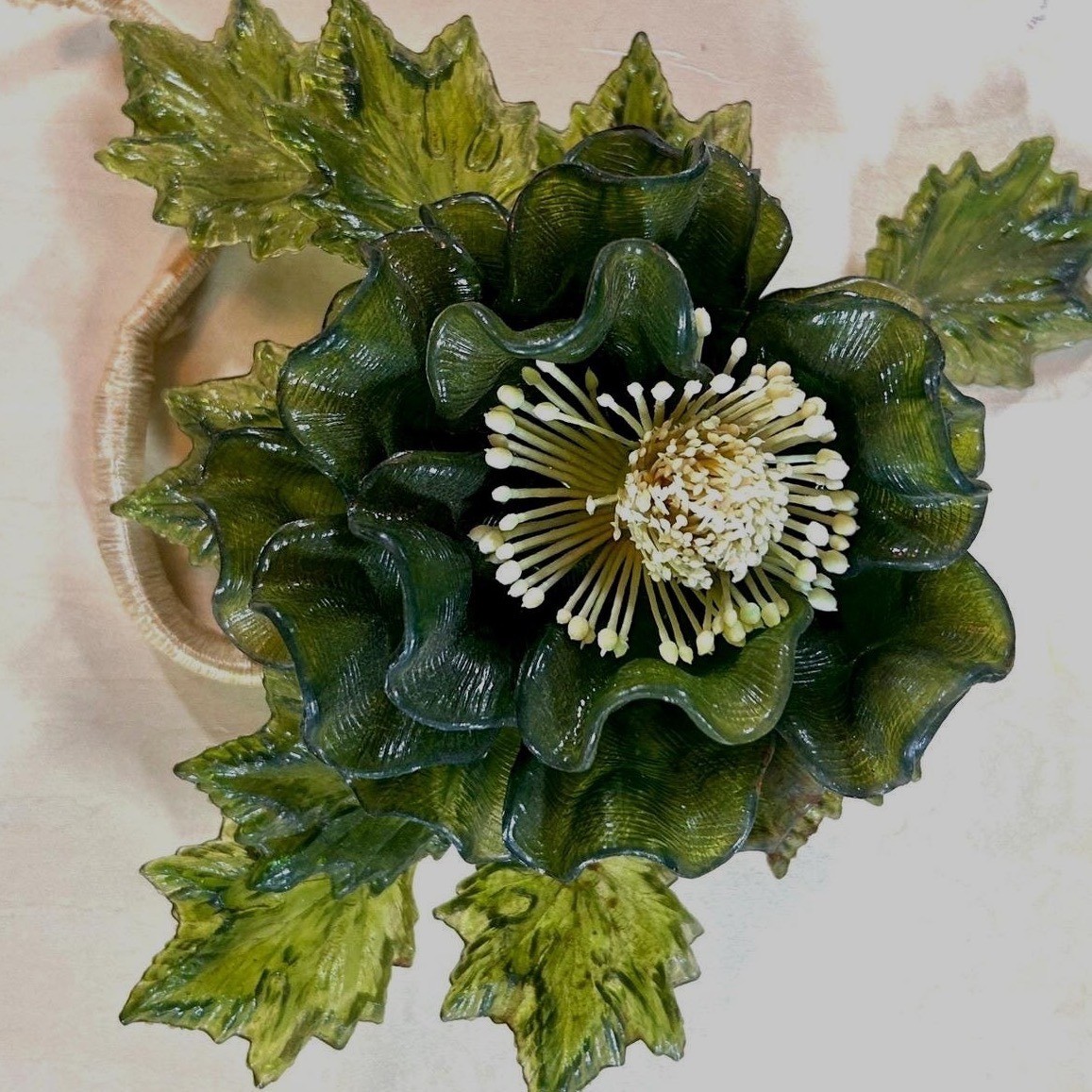 Crystalin 1966 Vintage Lucite Resin Flower Sculpture Olive Green MCM