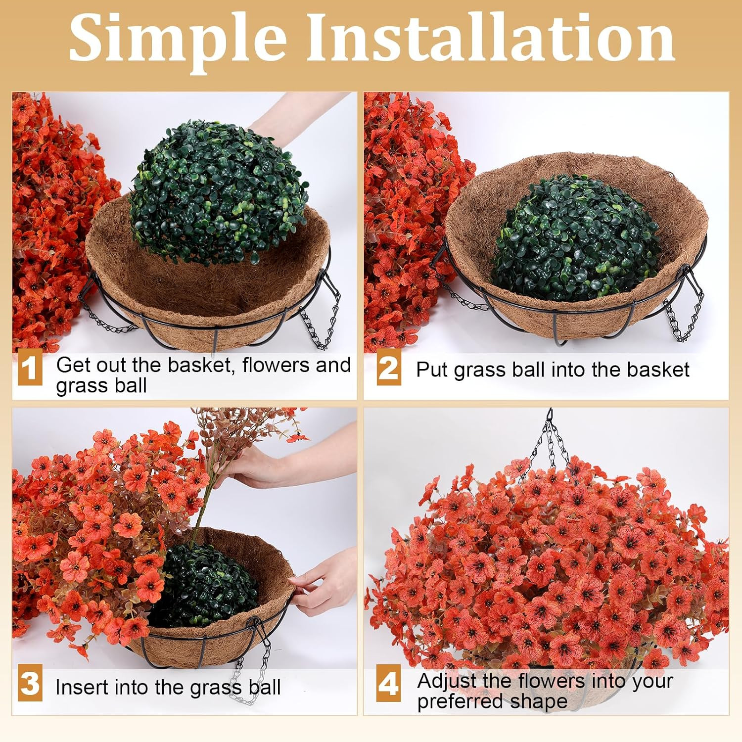 Artificial Hanging Basket Flowers, 24 Pcs Orange Mums, UV Outdoor Flowers | Look
