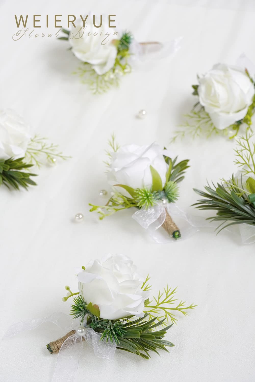 6 PCS Artificial White Rose Wrist Flowers and Mens Boutonniere Corsage Set