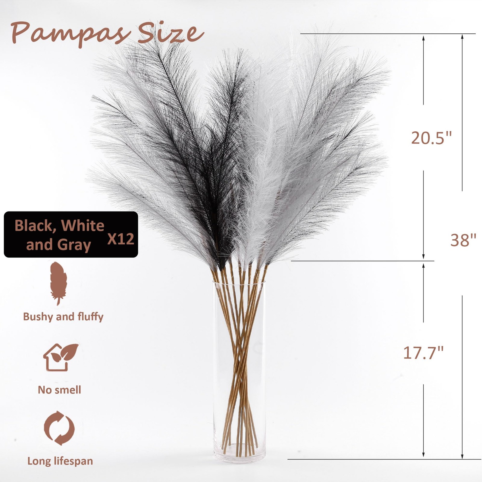 12 PCS Faux Pampas Grass 38 Inch Tall Black White Gray Artificial Plants