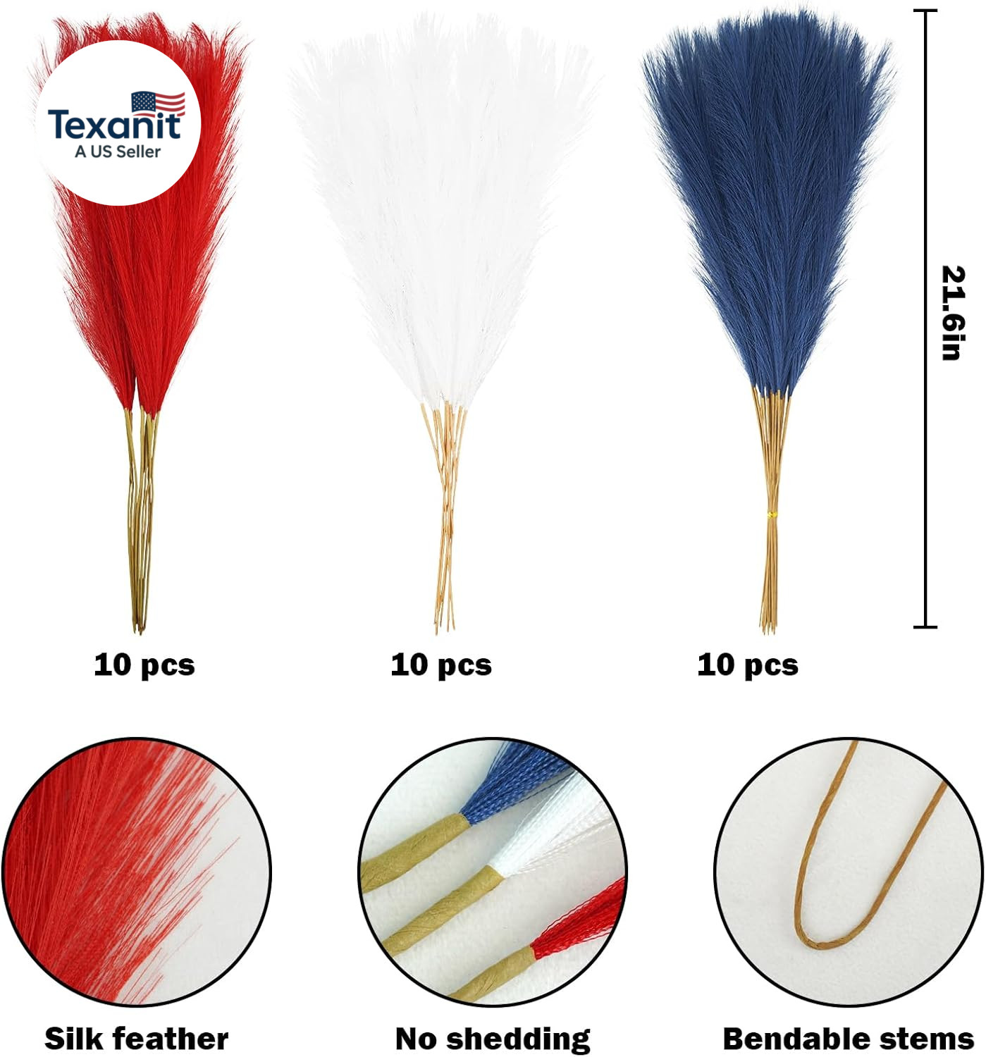 30Pcs 4Th of July Decorations Faux Pampas Grass, 21.6In Red White and Blue Artif