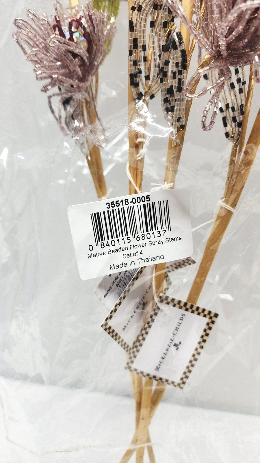 Mackenzie Child 4 Glass Beaded Mauve Flower Stems NWT (1 STEM FLAW – SEE PIC)