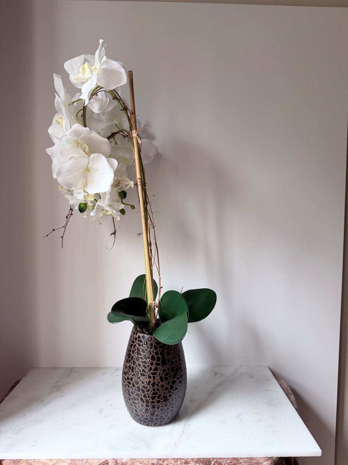 artificial white Phalaenopsis orchid arrangement in a brown textured vase 27”….