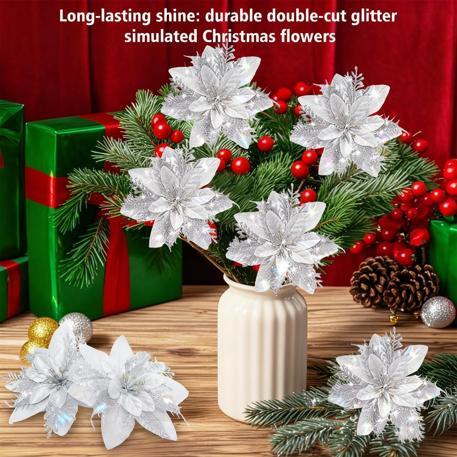 24 PCS Silver Christmas Artificial Poinsettia Flowers Glitter 5.9 Inch Clips