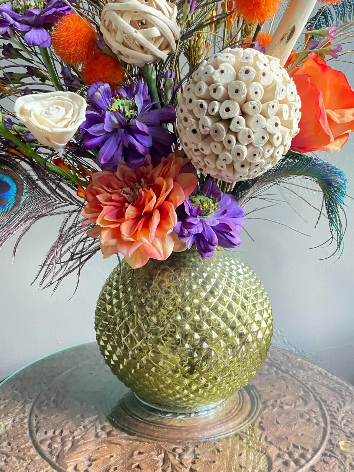 Peacock Centerpiece: Earthy Floral Arrangement, Cute Purple & Orange Room Decor