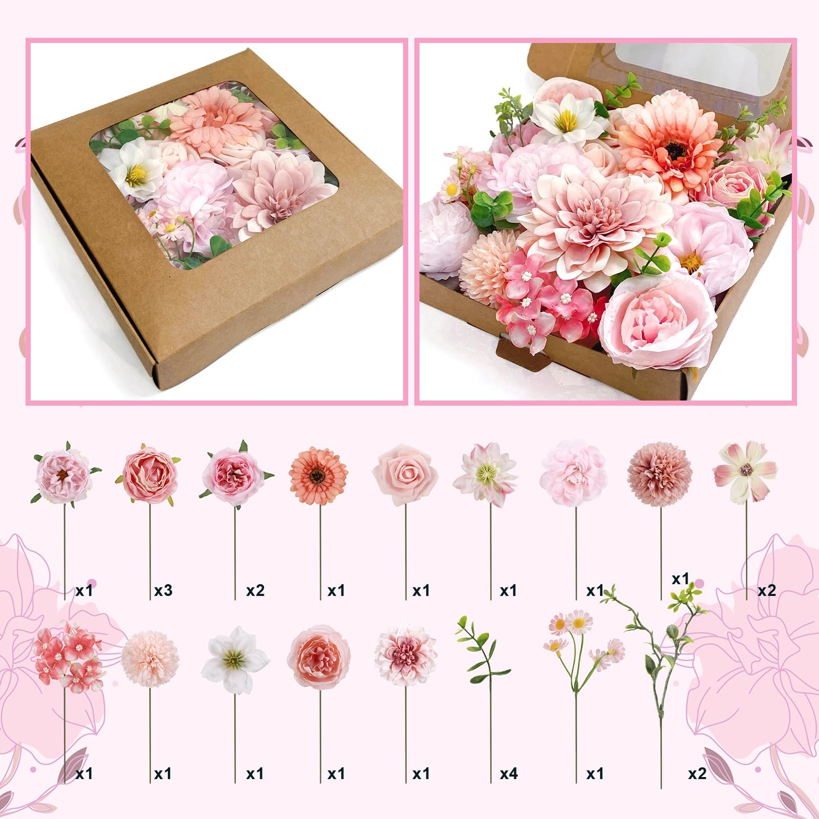 Pink, Dusty Pink, White Artificial Flowers Combo Fake Silk Roses with Stems H…