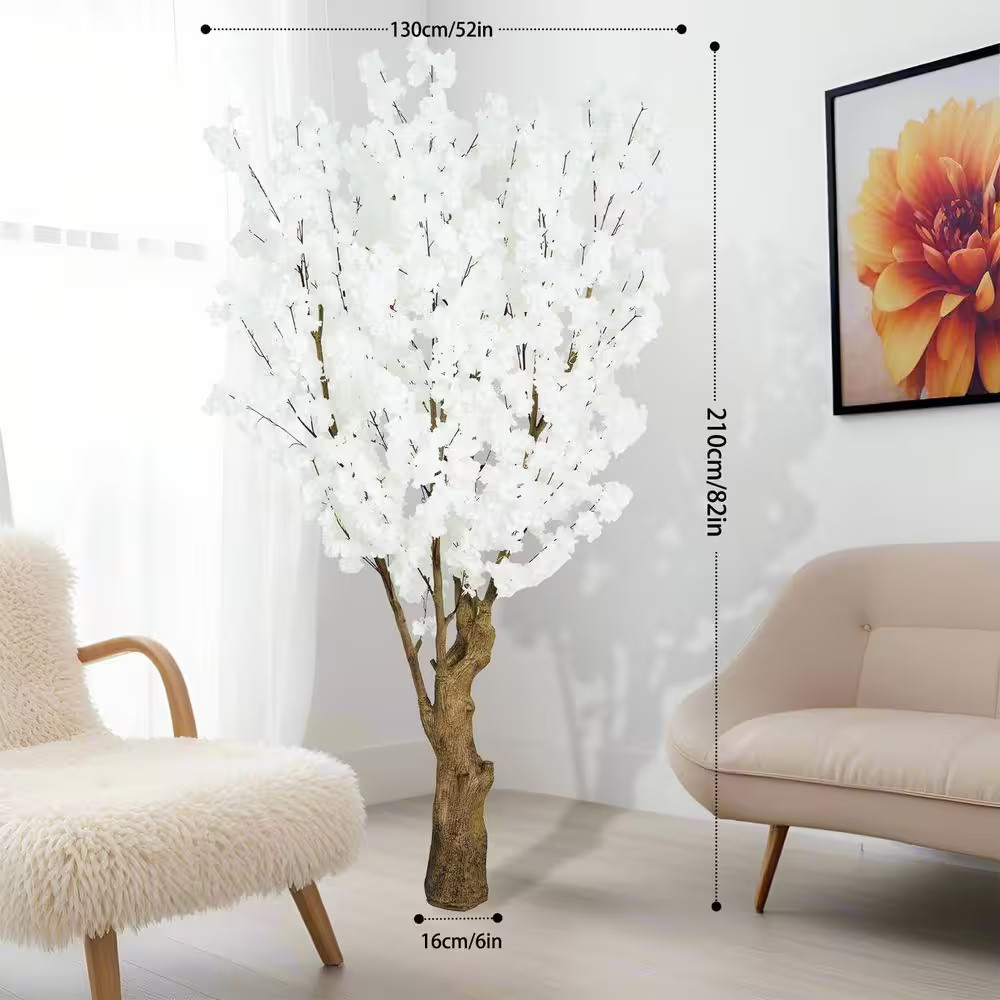 7 Ft. Artificial Cherry Blossom Tree White Faux Flower Tree in Pot for Indoor Ho