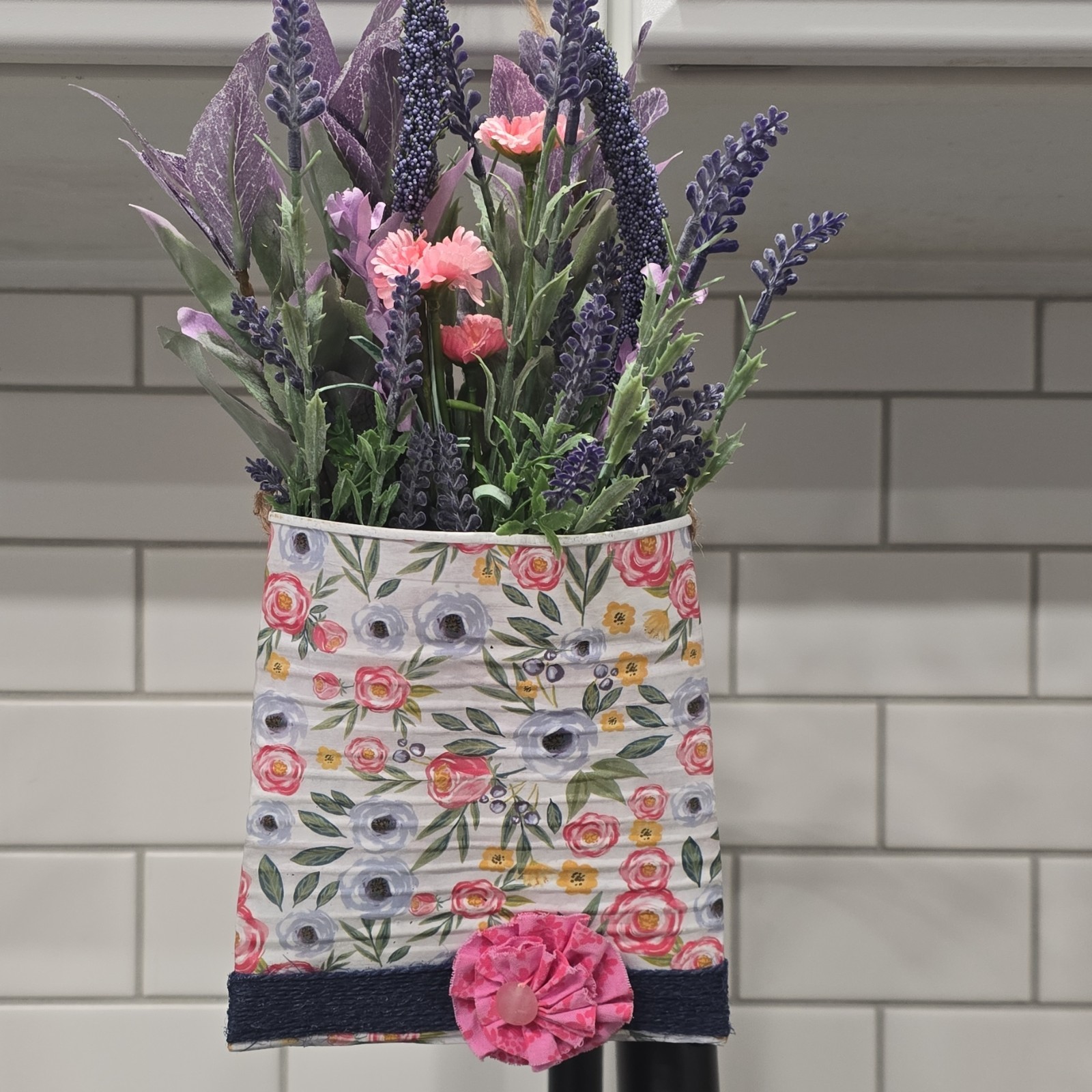 Handmade Artificial Lavender Hanging Basket Arrangement Purple Pink Wall Decor