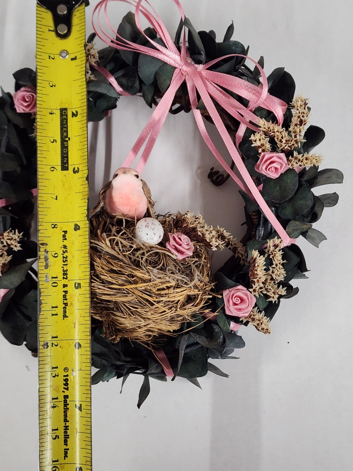Vintage Small Bird Nest Wreath Wall Hanging Cottagecore Floral Pink Ribbon