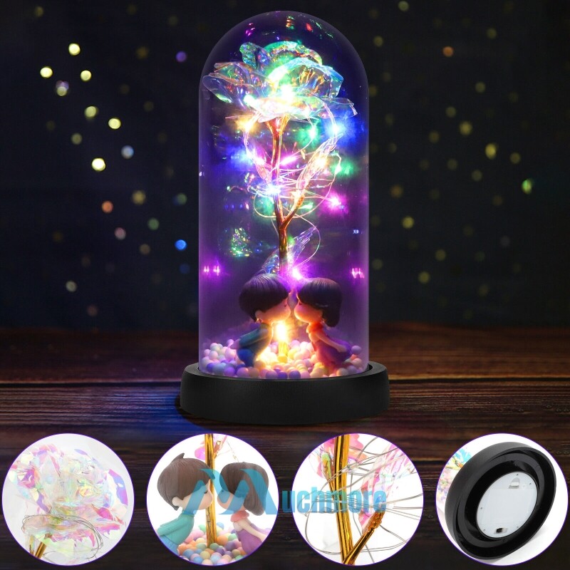 Rose in Glass Dome Preserved Flower Decortions Dome w/ LED Lights Gifts for Her