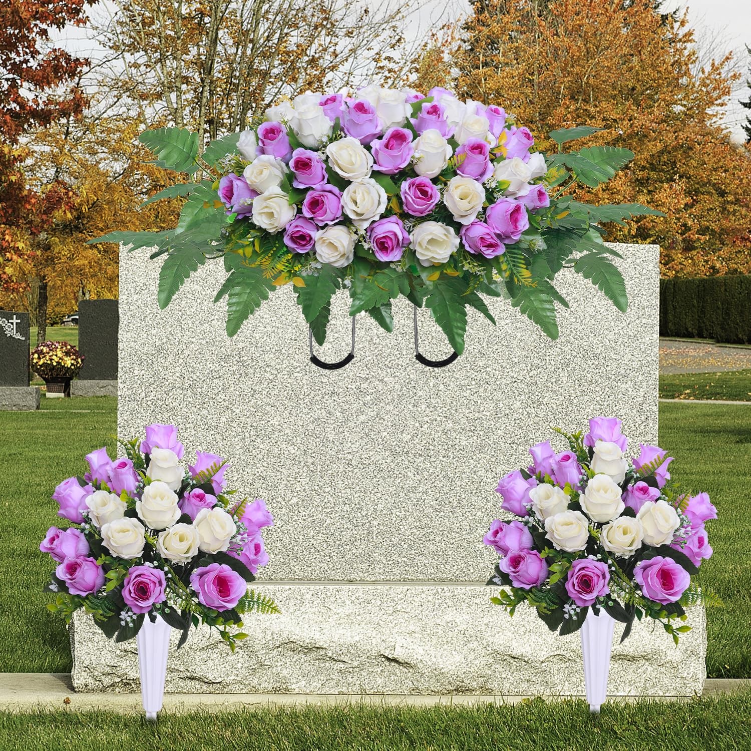 Lodou 3 Pcs Artificial Cemetery Flower Saddles, Rose Headstone Flower Saddle,…