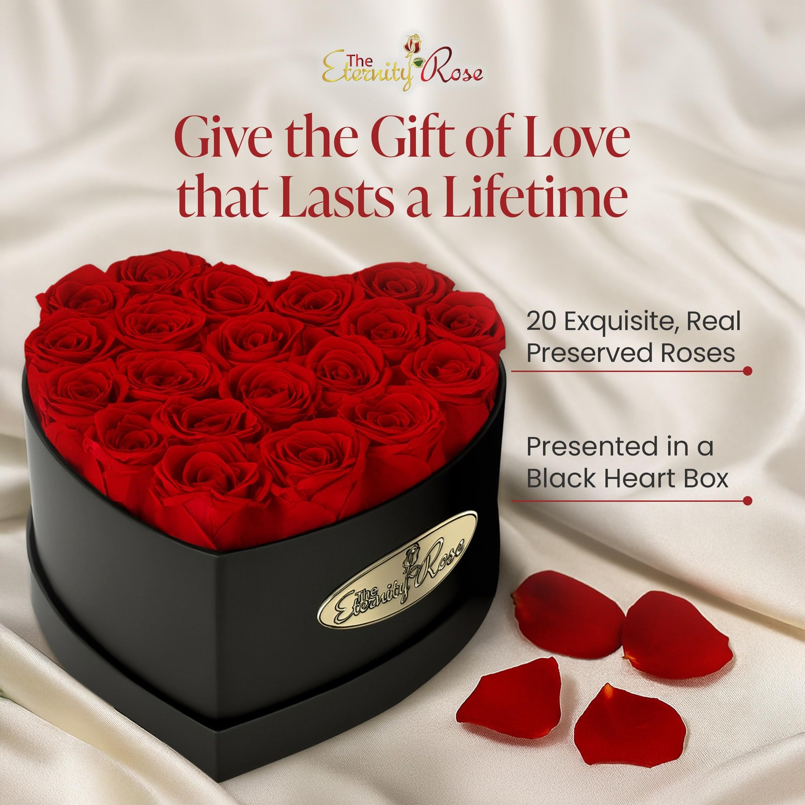 20-Piece Preserved Roses in a Luxury Gift Box – Real Roses in Black Heart Box…