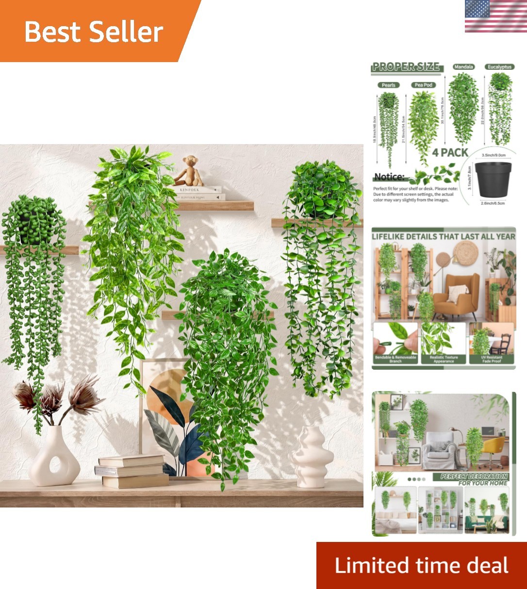 4 Pack Faux Artificial Hanging Plants, UV Resistant Fake Potted Greenery with…