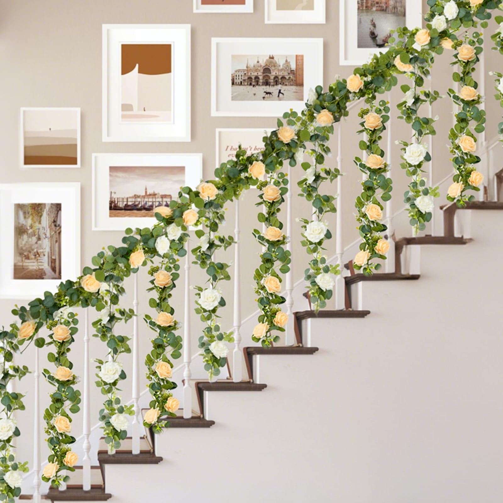 2PCS 13Ft Artificial Eucalyptus Garland with Flowers, Artificial Rose Garland…
