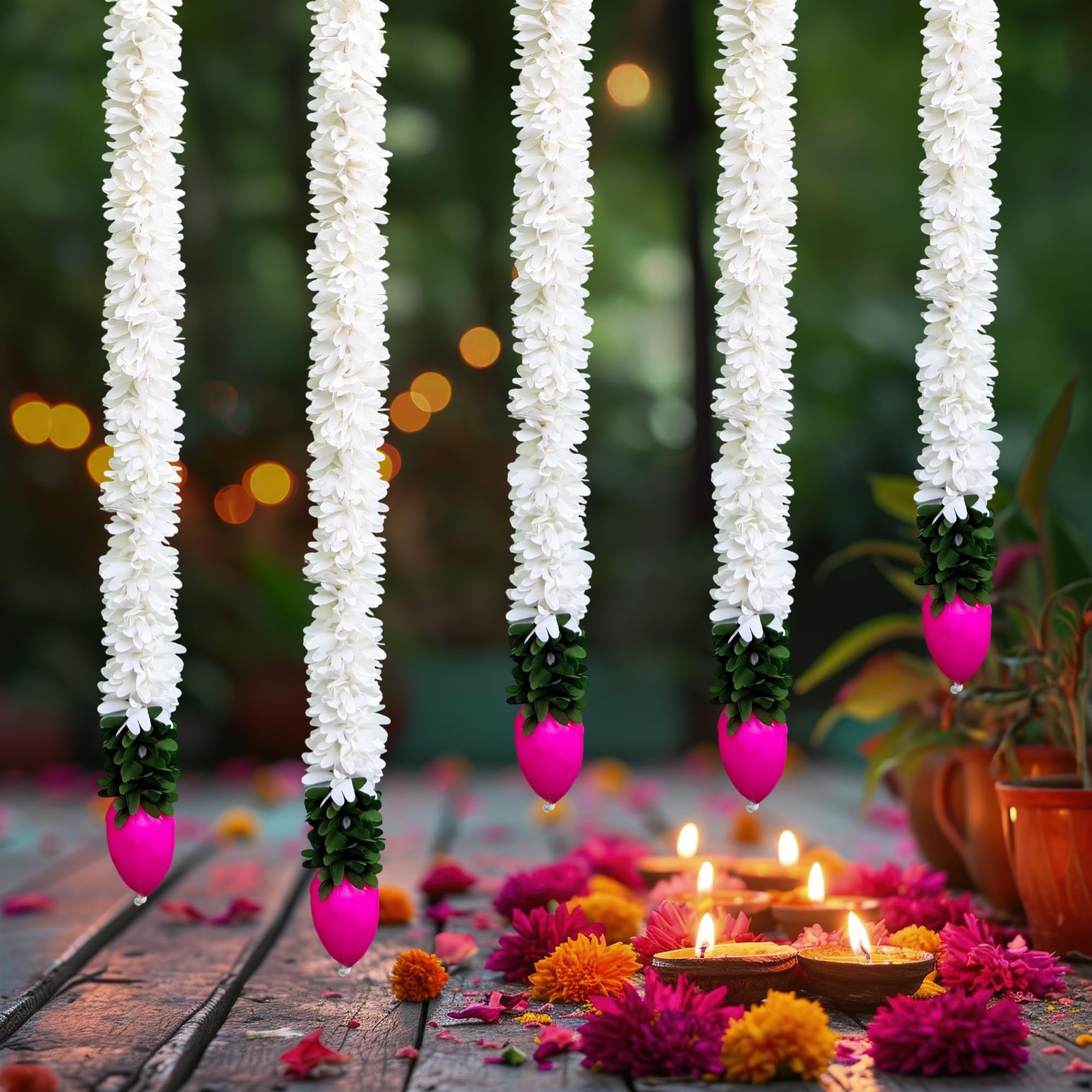 Diwali Decorations for Home – 5 Pc Artificial Lotus Flower Garland, Fabric Fl…