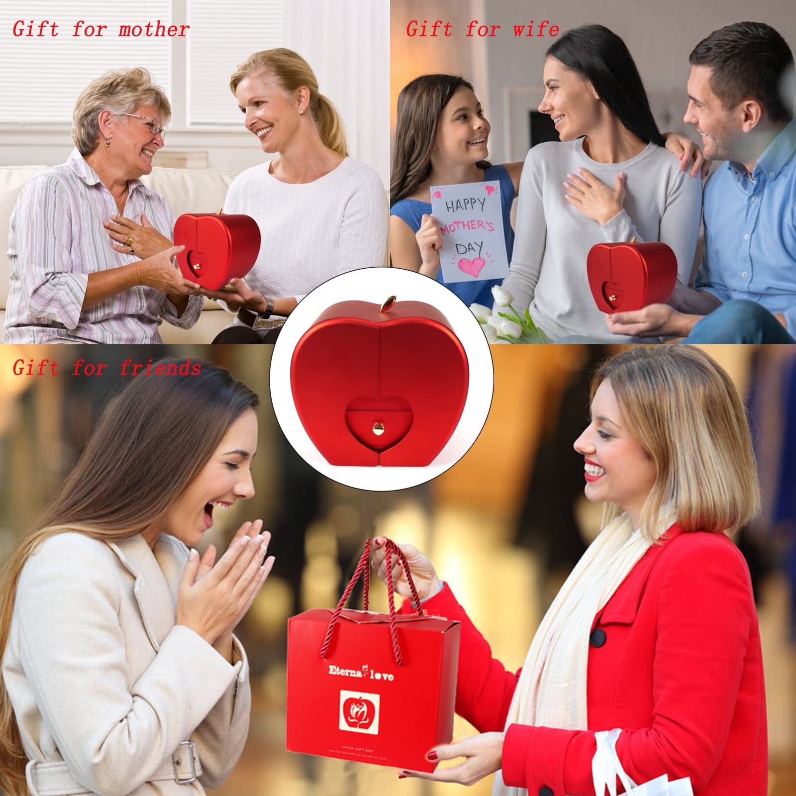 Preserved Red Rose Openable Apple-Shaped Storage Box with Angel Wing Jewelry …