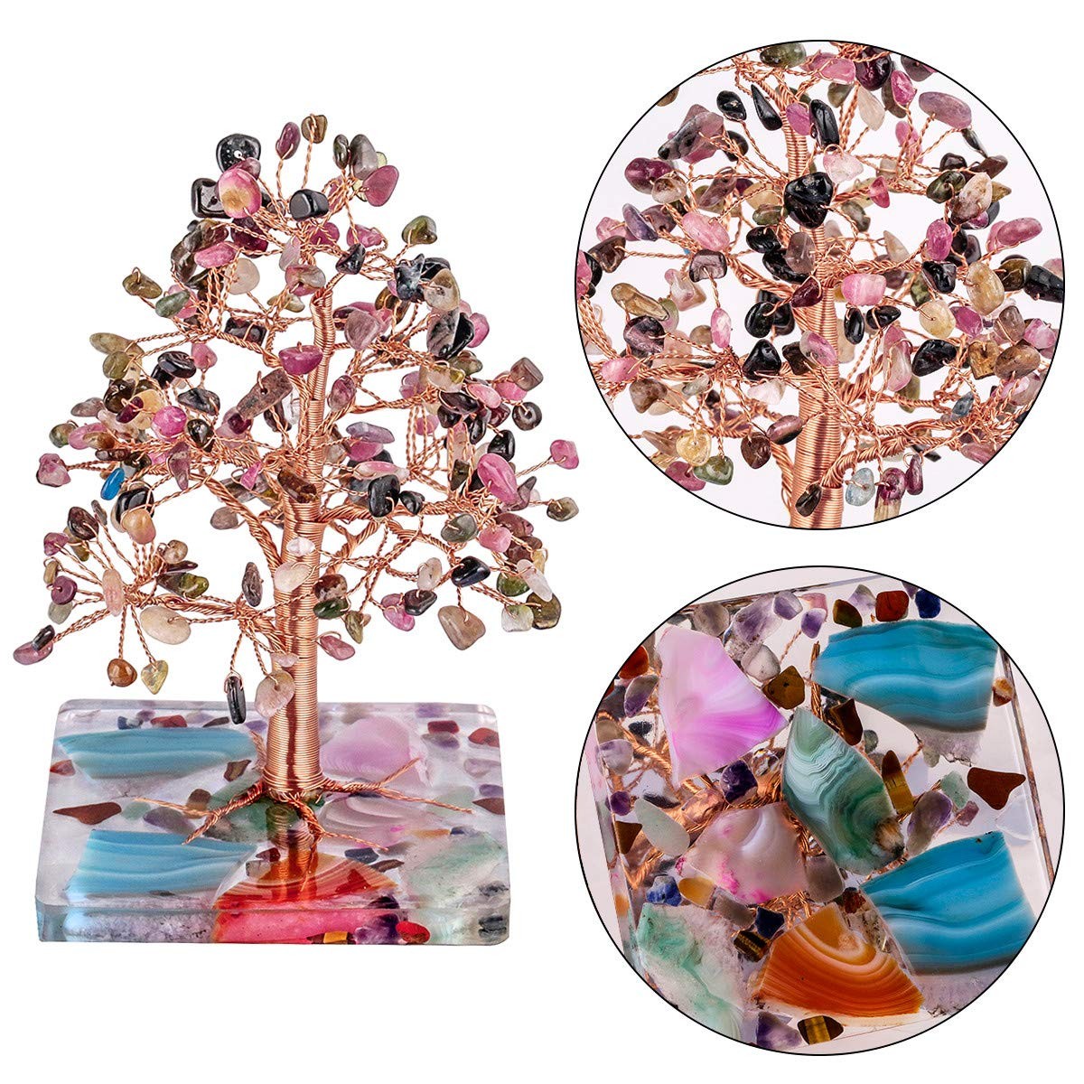 Tourmaline Crystal Tree Tumbled Stones Geode Agate Slice Base 4.76 Inches