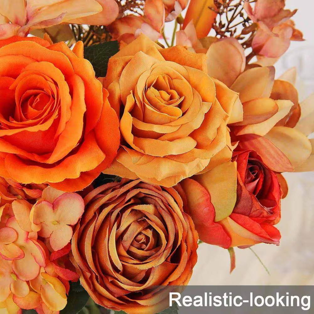 13 In. Orange Indoor Rose Hydrangea Floral Arrangement in Clear Glass Vase, Fall