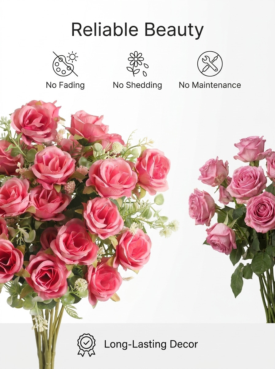 Artificial Rose Bouquet Set of 3 Pink Silk Flowers Wedding Home Decor 12in