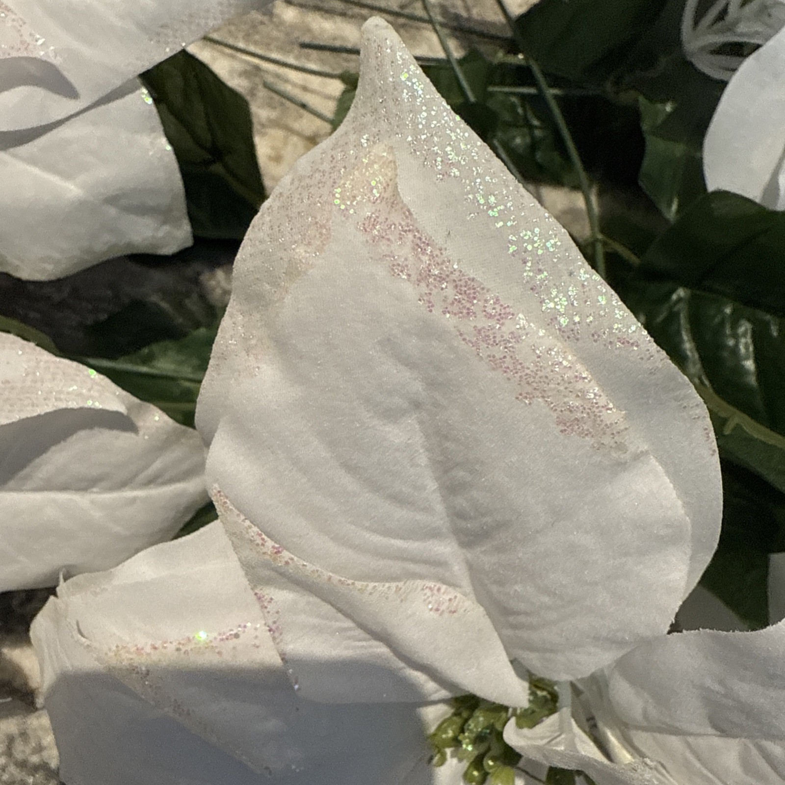 Lot 17 White Sparkle Poinsettia Floral Picks 8x7x14” Used In Christmas Tree