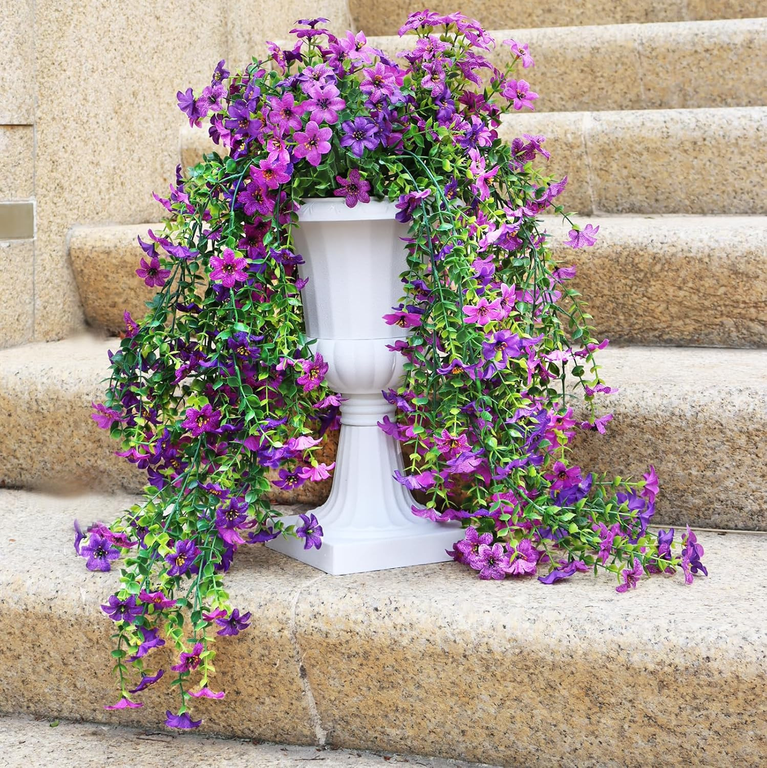Artificial Hanging Flowers for Outdoors, 4 Pack Fake Hanging Plant for Spring Su