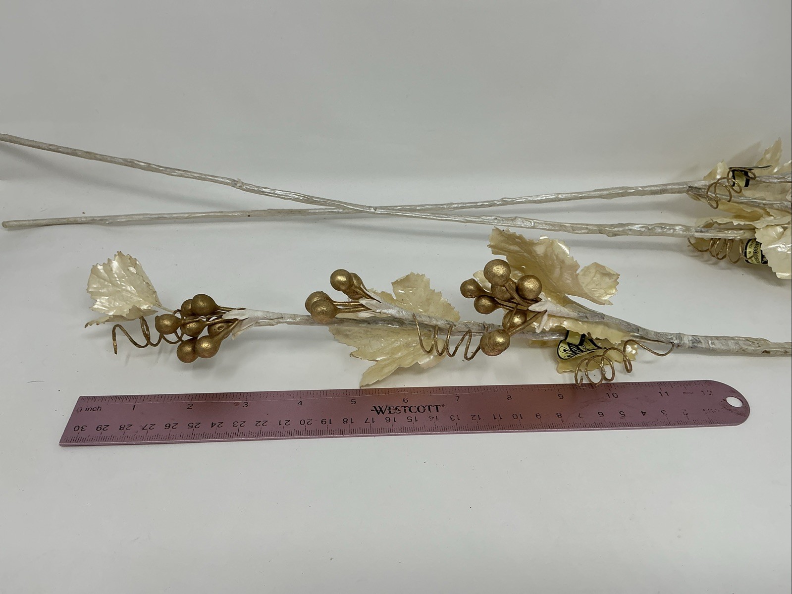 Gold Berry White Leaf Floral Pick 30” Long 3 Picks Christmas Vase Filler NOS