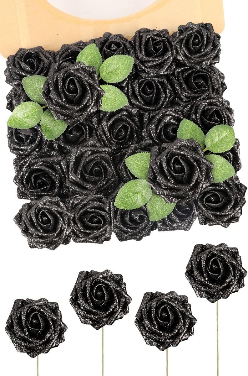 Realistic 25pcs Black Glitter Foam Roses – Perfect for Bouquets & Centerpieces
