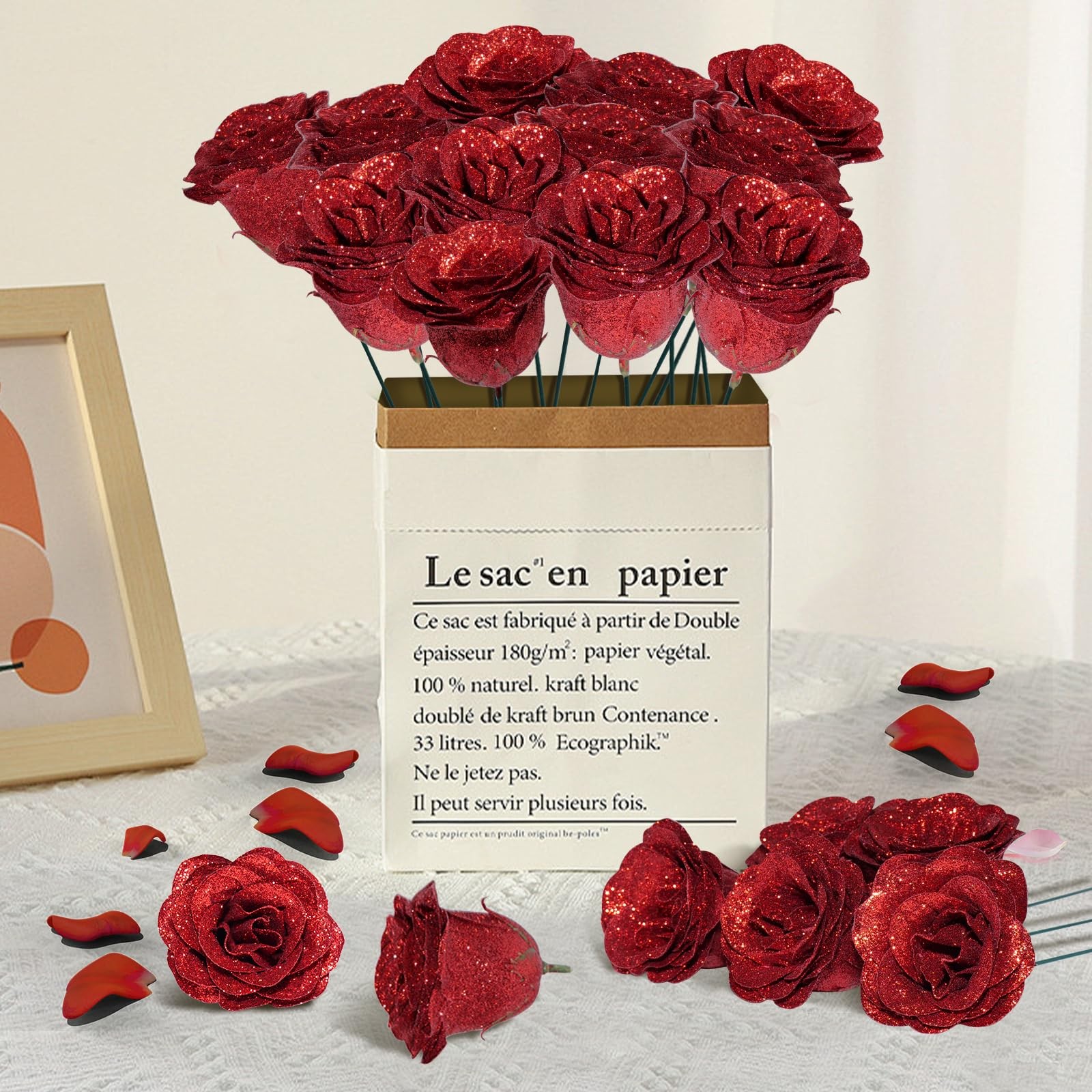 Red Glitter Roses Bouquet, 36 Pcs Shiny Glitter Flowers Bouquet, Everlasting …