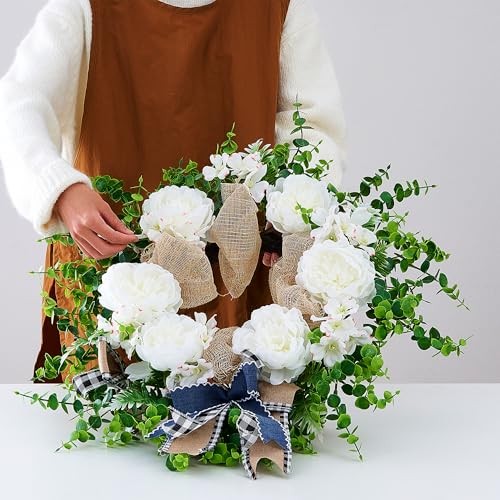 24″ Spring Peony & Eucalyptus Wreath for Front Door – Artificial Flowers White