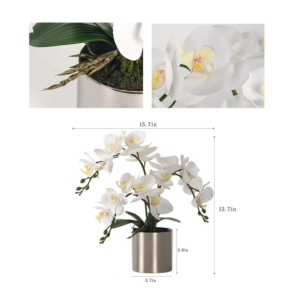 Real Touch White Fake Orchid In Silver Vase Potted Flower Arrangement