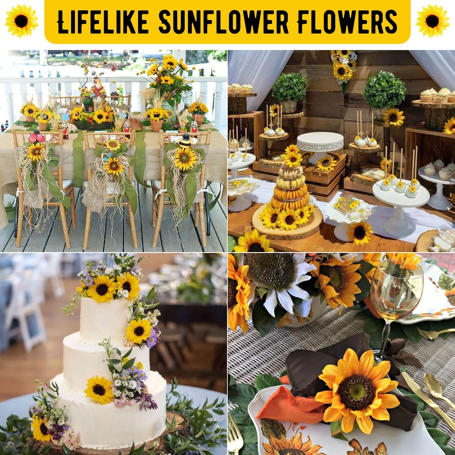 40 Pcs 4 Inch Fake Sunflower Heads with Stems Artificial Silk Flower Heads