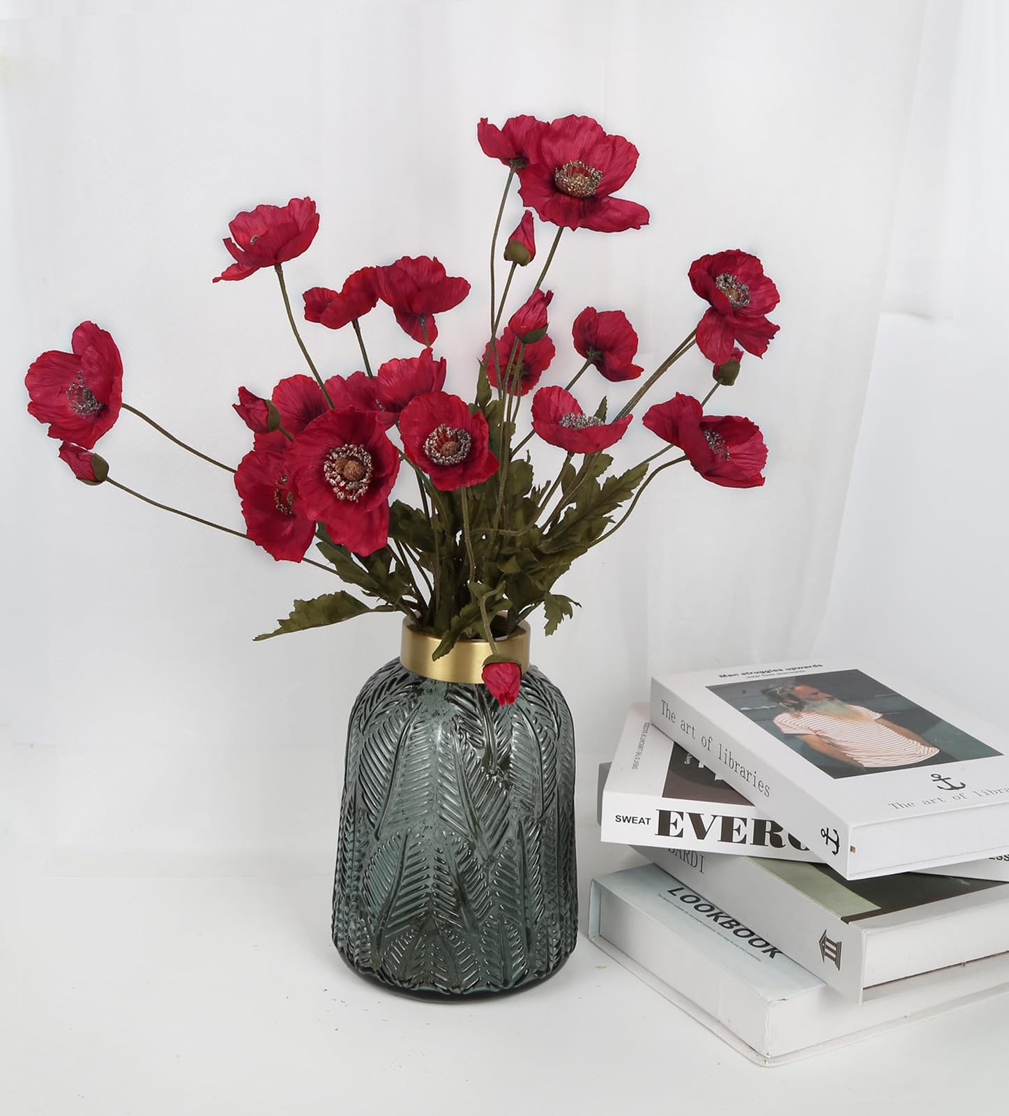 Red Poppies Artificial Flowers 6 PCS Faux Silk Poppies Real Look
