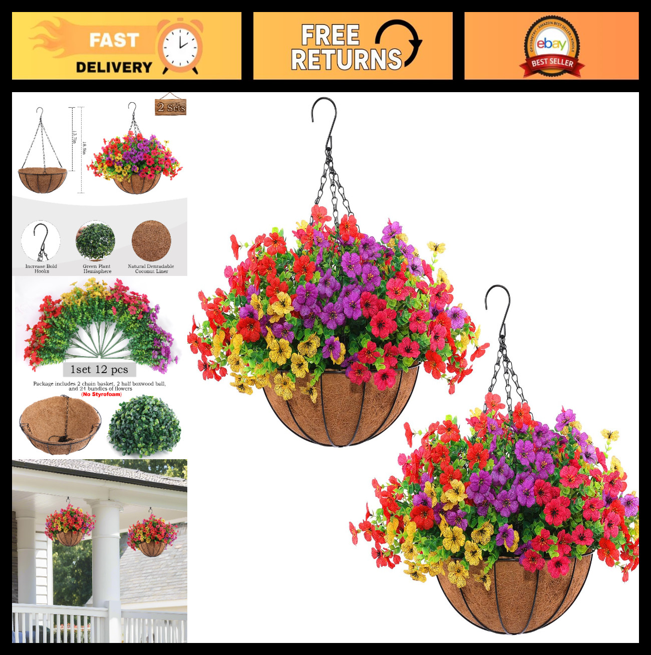 2 Set Artificial Outdoor Flowers with Hanging Baskets, 24 Pcs Planters for Garde