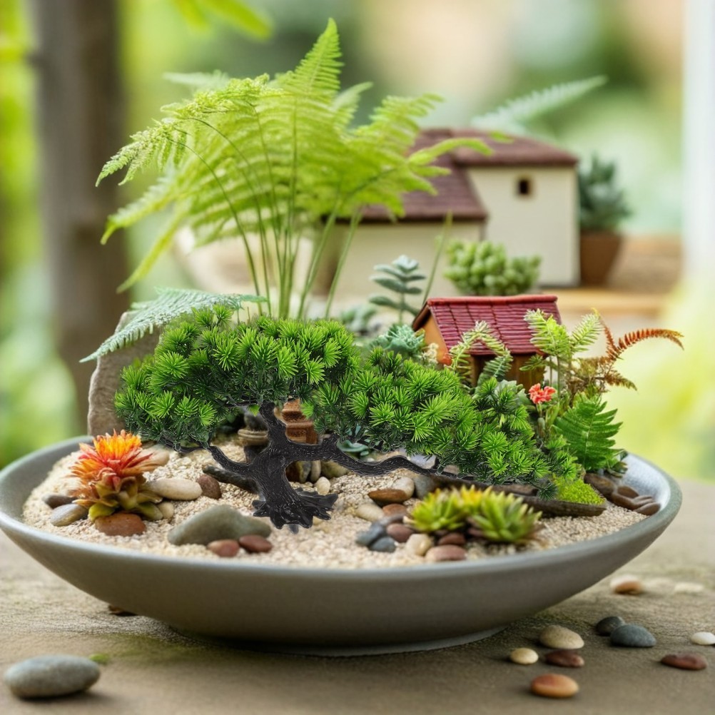 2Pcs Reusable Artificial Green Bonsai Tree Plastic Decor for Zen Garden