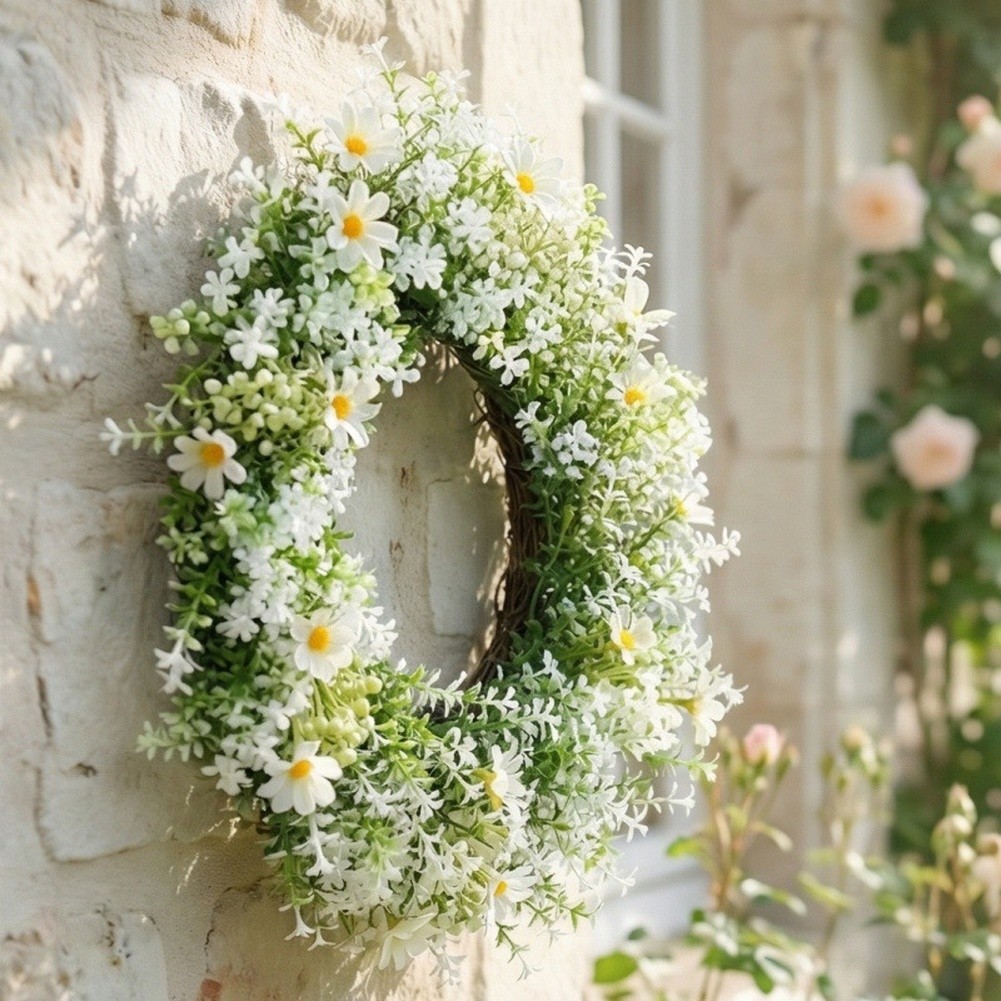 Plastic Spring Wreath White Eucalyptus Floral Decor for Door or Wall Mount