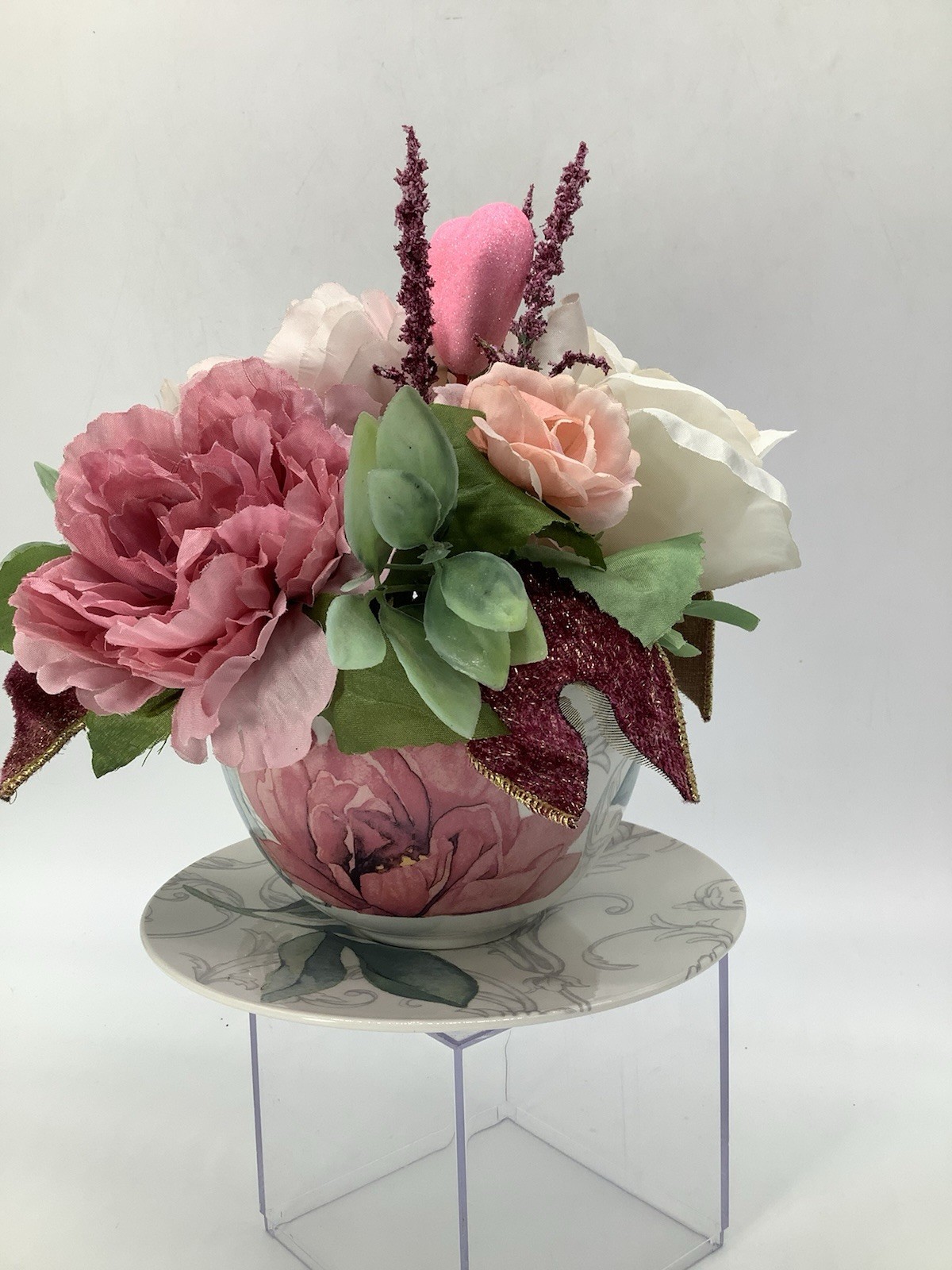 Handmade Valentines Day Pink Tea Cup Floral Arrangement