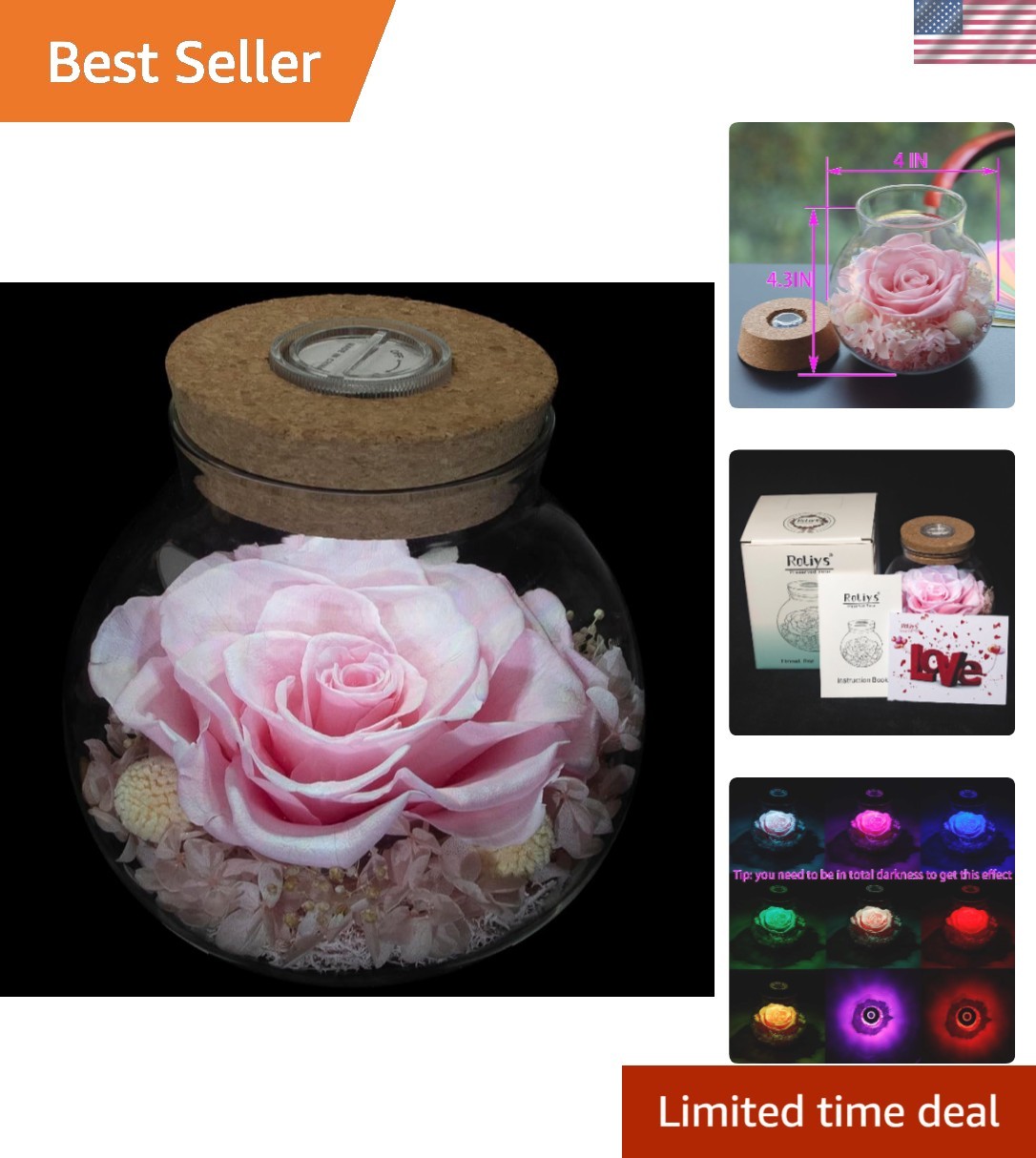 Eternal Pink Preserved Rose in Colorful Mood Light Wishing Bottle – 4.3inch