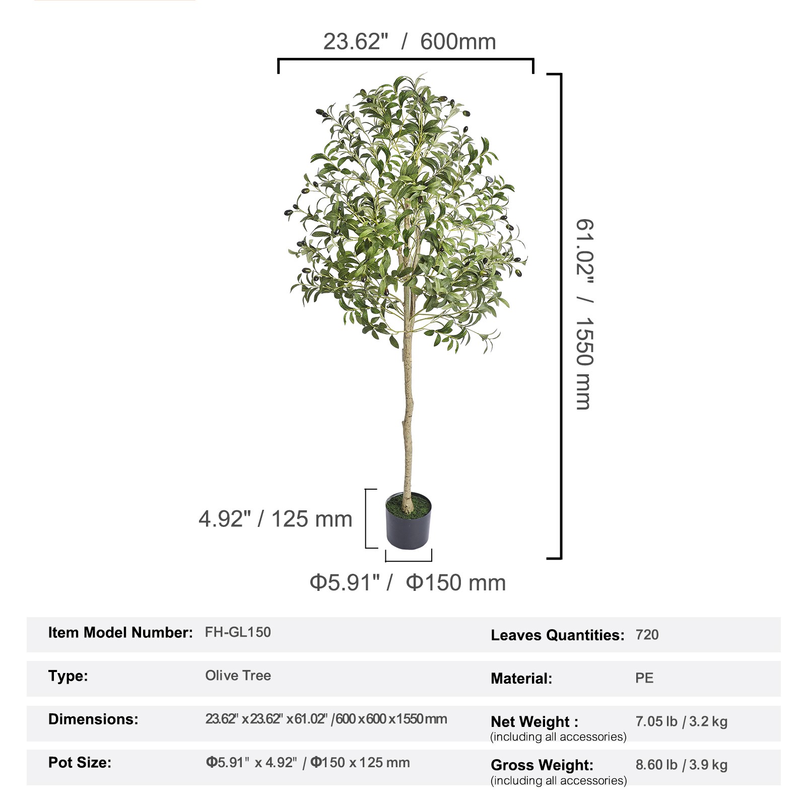 VEVOR Artificial Olive Tree 5ft Tall 61in Fake Pottd Faux Silk Plant Home Decor