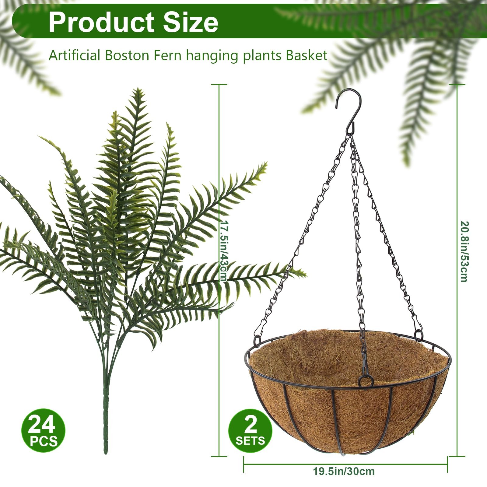 Fake Ferns Hanging Baskets,2Pcs Artificial Hanging Plants Outdoor, 2 Hanging